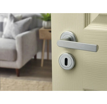 Mâner modern de ușă din oțel inoxidabil pe o ușă din lemn deschis cu rozetă rotundă pentru cheie într-o cameră de zi luminoasă și ordonată.