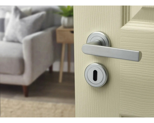 Mâner modern de ușă din oțel inoxidabil pe o ușă din lemn deschis cu rozetă rotundă pentru cheie într-o cameră de zi luminoasă și ordonată.