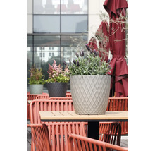 Ghiveci modern cu structură de romburi pe o masă din lemn, plantat cu lavandă, mobilier de terasă și umbrele roșii în fundal.