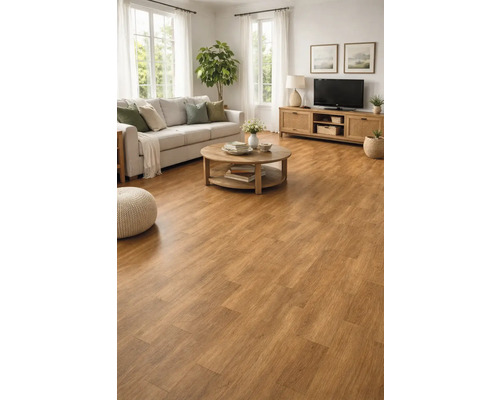 Sufragerie luminoasă cu pardoseală cu aspect de lemn, canapea gri, măsuță de cafea rotundă din lemn și comodă TV.