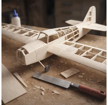 Model de avion din lemn în construcție pe un banc de lucru cu un ferăstrău fin și adeziv pentru lemn.