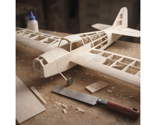 Model de avion din lemn în construcție pe un banc de lucru cu un ferăstrău fin și adeziv pentru lemn.