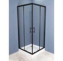 Cabină de duș pe colț cu profile negre, uși din sticlă transparentă, mânere negre și cădiță de duș albă.