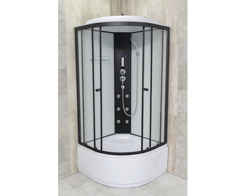 Cabină de duș completă cu cadru negru, jeturi de masaj, pară de duș și panou integrat pe o cădiță de duș albă.