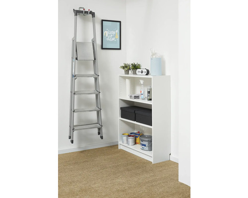 Depozitare organizată cu un raft alb și o scară din aluminiu suspendată pe perete. Raftul conține cutii de vopsea și cutii de depozitare.