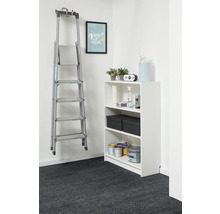 Spațiu de depozitare organizat cu raft alb și scară din aluminiu pe perete, conținând cutii de vopsea și cutii de depozitare.