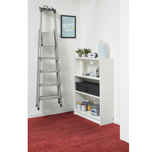 Spațiu de depozitare organizat cu o scară din aluminiu pe un suport de perete și un raft alb cu cutii de depozitare și cutii de vopsea.