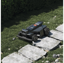 Robot de tuns gazonul Segway Navimow circulând pe o cărare din dale de piatră într-o grădină.