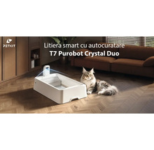 Litieră inteligentă cu autocurățare PETKIT T7 Purobot Crystal Duo într-o cameră de zi modernă cu o pisică pe parchet. PETKIT Logo.