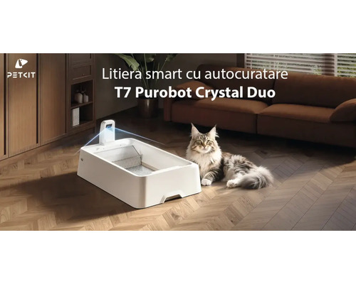 Litieră inteligentă cu autocurățare PETKIT T7 Purobot Crystal Duo într-o cameră de zi modernă cu o pisică pe parchet. PETKIT Logo.