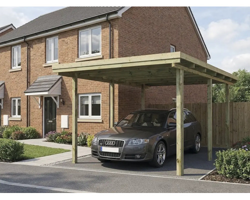 Carport din lemn cu acoperiș plat în fața unei case din cărămidă cu o mașină parcată.