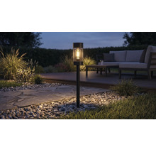 Lampă solară de grădină cu bec LED și design tip plasă, iluminând o alee de grădină noaptea lângă un set de mobilier de grădină.