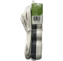 Logo Verde Electric Corporation pe un prelungitor alb și gri cu priză multiplă în ambalaj de plastic, marcaj CE.