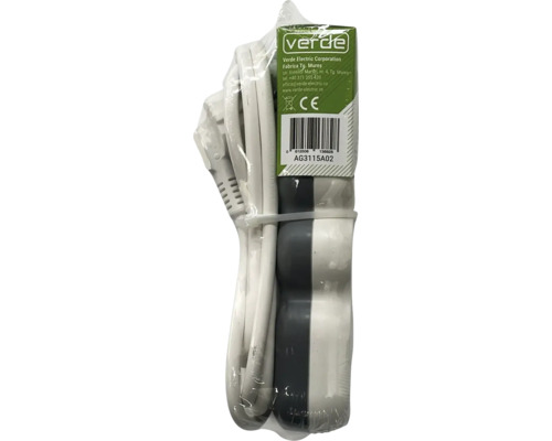 Logo Verde Electric Corporation pe un prelungitor alb și gri cu priză multiplă în ambalaj de plastic, marcaj CE.