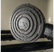 Pară de duș Hansgrohe negru mat cu disc de pulverizare circular și picături de apă, Hansgrohe Logo.