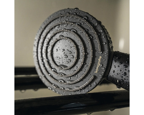 Pară de duș Hansgrohe negru mat cu disc de pulverizare circular și picături de apă, Hansgrohe Logo.