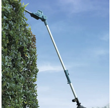 Trimmer telescopic pentru gard viu Makita tăind un gard viu înalt în exterior.