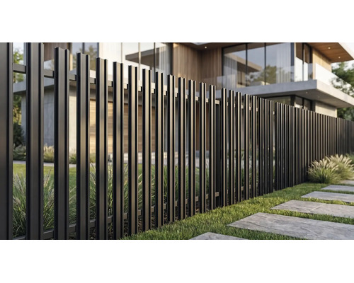 Gard metalic modern din lamele negre într-o grădină în fața unei case moderne.