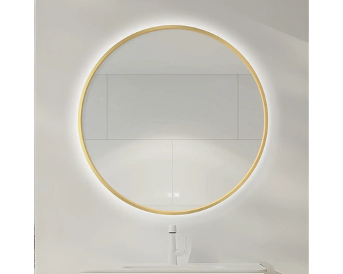 Oglindă de baie rotundă cu iluminare LED de fundal, ramă aurie și comutator tactil.