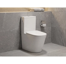 Vas WC de pardoseală modern din ceramică cu rezervor într-o baie cu plăci gri cu aspect de piatră naturală.