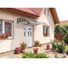 Copertină transparentă deasupra unei uși de intrare albe pe o fațadă deschisă la culoare cu jardiniere și terasă din piatră.