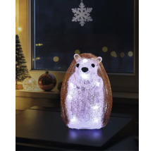 Figurină decorativă LED arici din acril cu suprafață cristalină, așezată pe o masă într-o cameră decorată festiv pentru Crăciun.