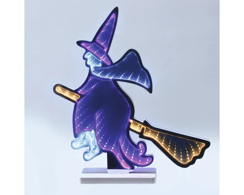 Decorațiune de Halloween cu LED vrăjitoare pe mătură cu efect de oglindă infinită și suport