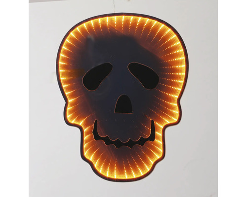 Decorațiune de Halloween iluminată în formă de craniu cu efect de oglindă infinită și lumină caldă.