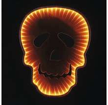 Decorațiune de Halloween cu LED în formă de craniu cu efect de oglindă infinită și lumini portocalii.