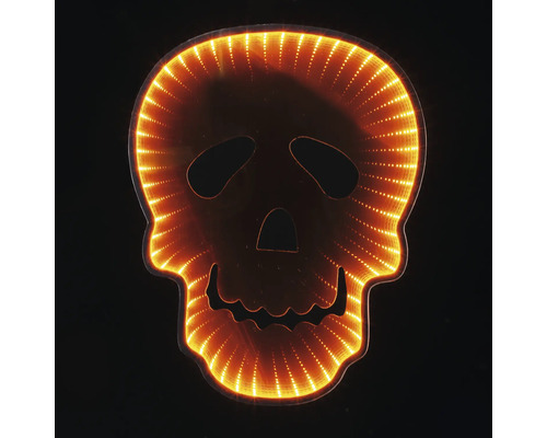 Decorațiune de Halloween cu LED în formă de craniu cu efect de oglindă infinită și lumini portocalii.
