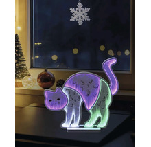 Figurină decorativă LED pisică cu efect de oglindă infinită și lumini multicolore, plasată într-un decor de Crăciun în fața unei ferestre.