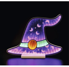 Decorațiune de Halloween cu LED în formă de pălărie de vrăjitoare cu efect de infinit, luni și stele.