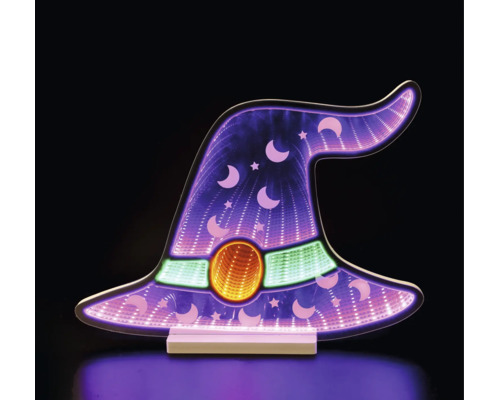 Decorațiune de Halloween cu LED în formă de pălărie de vrăjitoare cu efect de infinit, luni și stele.