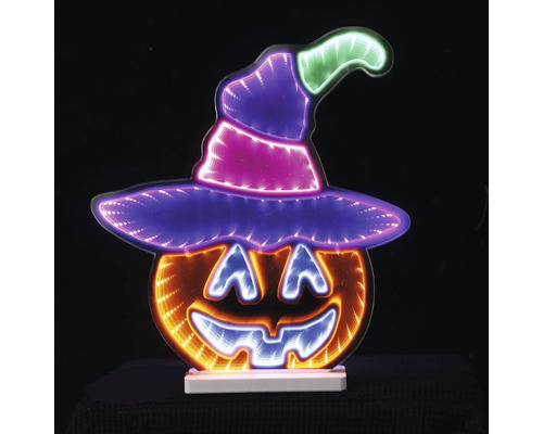 Decorațiune LED Halloween dovleac cu pălărie de vrăjitoare și efect de oglindă infinită.