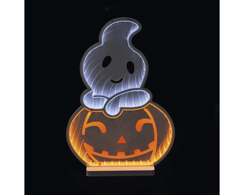 Decorațiune LED de Halloween fantomă pe dovleac cu efect de oglindă infinită și suport.