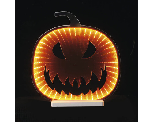 Dovleac de Halloween cu LED, cu efect de oglindă infinită și față de Jack-O-Lantern pe suport alb.