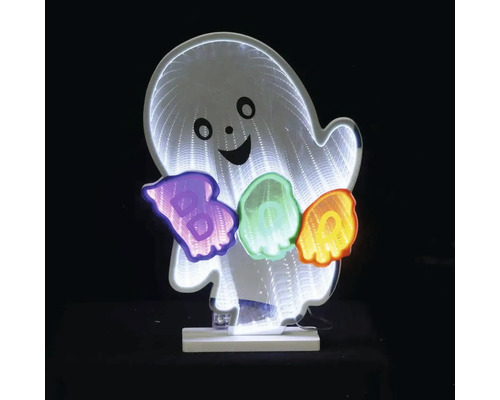 Decorațiune luminoasă pentru Halloween fantomă zâmbitoare cu efect de oglindă infinită și text Boo luminos pe un suport alb.