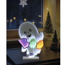 Decorațiune LED Halloween fantomă cu efect de oglindă infinită și inscripția BOO colorată, așezată pe o masă într-o cameră.