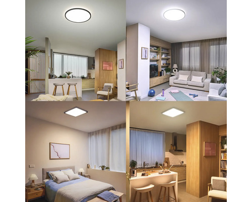 Patru camere de locuit cu plafoniere LED moderne și plate, în formă rotundă și pătrată, pentru bucătărie, sufragerie și dormitor.