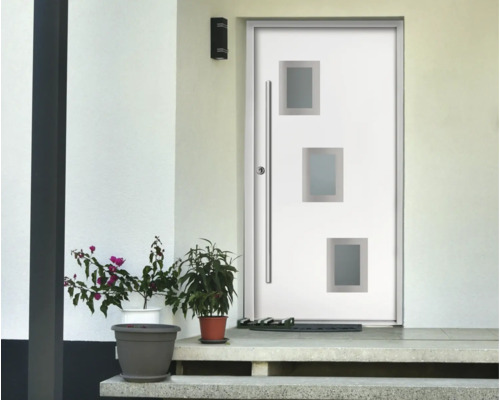 Ușă de intrare modernă albă cu trei decupaje din sticlă și mâner din oțel inoxidabil într-o zonă de intrare luminoasă cu plante pe trepte.