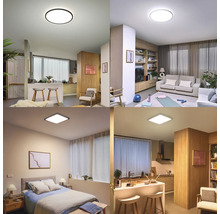 Patru camere de locuit cu plafoniere LED moderne și plate, în formă rotundă și pătrată, pentru bucătărie, sufragerie și dormitor.