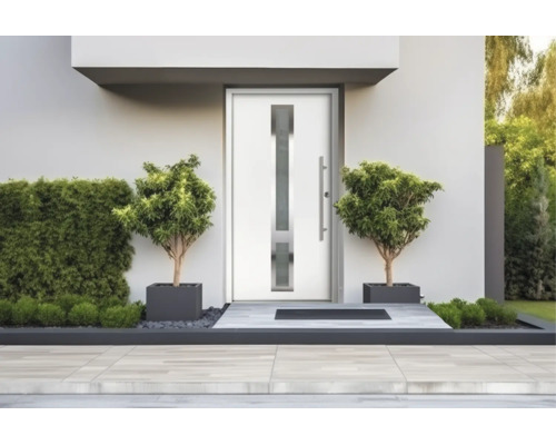 Ușă de intrare albă modernă cu inserție verticală de sticlă și mâner lung din oțel inoxidabil într-o zonă de intrare minimalistă cu plante.