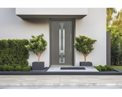 Ușă de intrare modernă de culoare antracit cu geam vertical și mâner lung din oțel inoxidabil într-o intrare minimalistă cu două plante în ghivece.