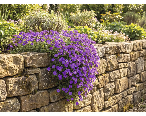 Aubrieta cu flori mov care crește în cascadă peste un zid din piatră naturală într-o grădină.