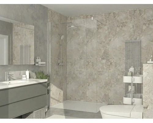 Baie modernă și luminoasă, cu duș de tip walk in din sticlă, plăci ceramice mari cu aspect de piatră, unitate cu lavoar, oglindă și radiator.
