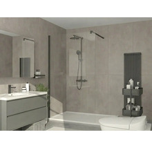 Baie modernă cu duș walk-in, perete de sticlă, sistem de duș negru, mască de chiuvetă gri și radiator portprosoape negru.