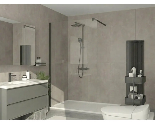 Baie modernă cu duș walk-in, perete de sticlă, sistem de duș negru, mască de chiuvetă gri și radiator portprosoape negru.