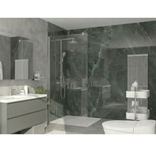 Baie modernă cu duș de sticlă de tip walk-in, dulap pentru lavoar, plăci de perete cu aspect de marmură verde închis și radiator vertical.