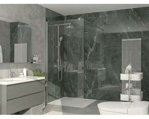 Baie modernă cu duș de sticlă de tip walk-in, dulap pentru lavoar, plăci de perete cu aspect de marmură verde închis și radiator vertical.