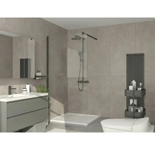 Baie modernă cu duș de tip walk-in, baterii negre, mască de chiuvetă gri și radiator vertical pe plăci mari de faianță gri.